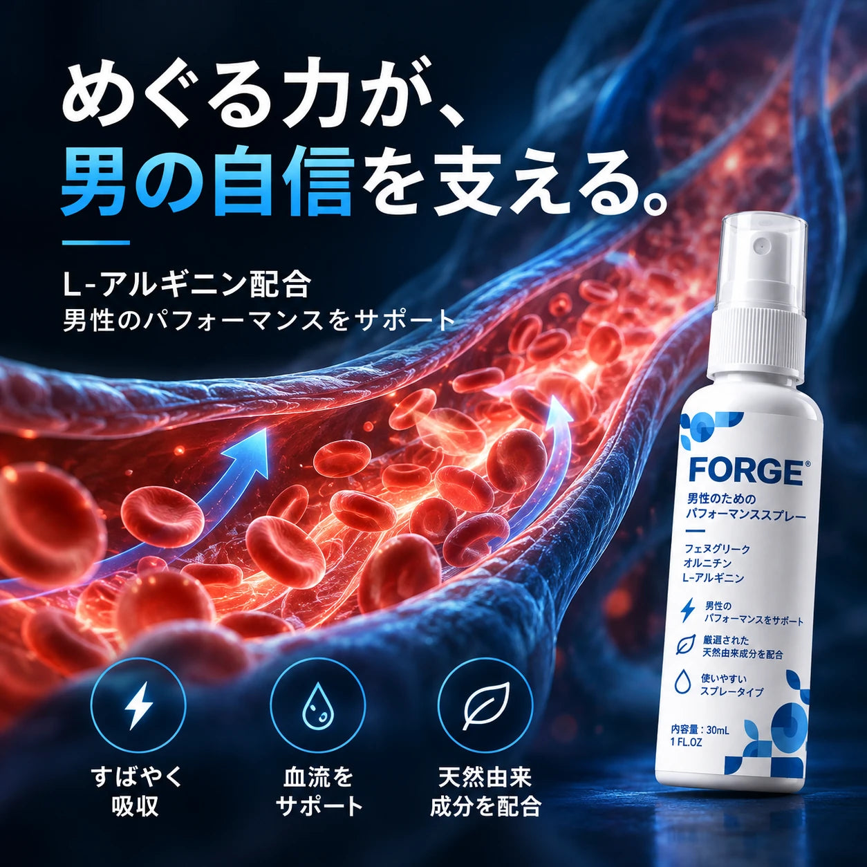 FORGEスプレーと血流をイメージしたイラスト